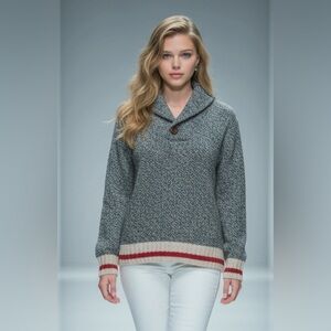Roots Gray Cowl Neck Sweater with Red and Cream Trim